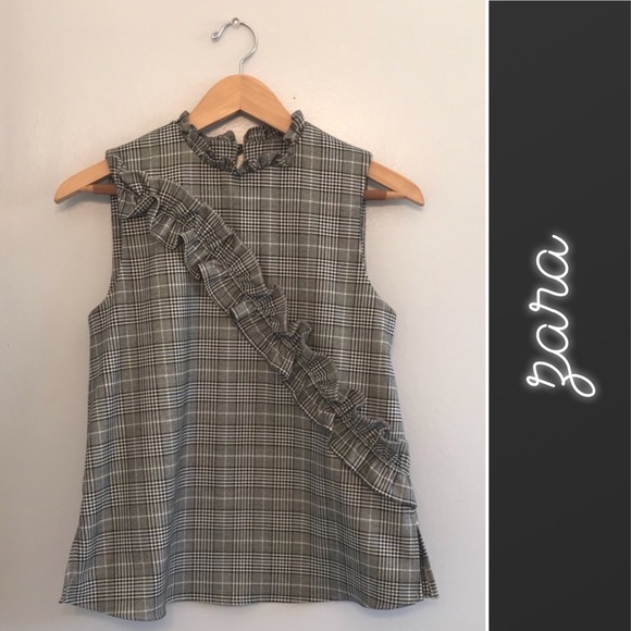 🏝️ Zara Plaid Sleeveless Top with Ruffles in Gray • XS - Picture 1 of 6